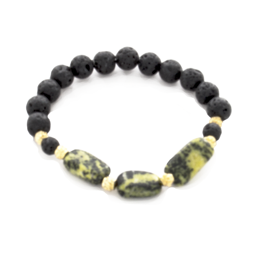 Serpentine Nugget, Gold Bali, and Lava Bead Stretch Infusion Bracelet for Men or Women - Finesse Jewelry