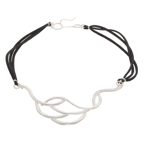Silver Plated "Waved" design Necklace with black leather cord - Finesse Jewelry