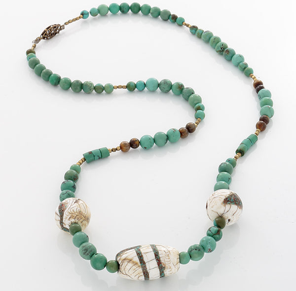 Tibetan bone inlaid with Turquoise & Turquoise & Tiger's Eye beads on a Brass classp - Finesse Jewelry
