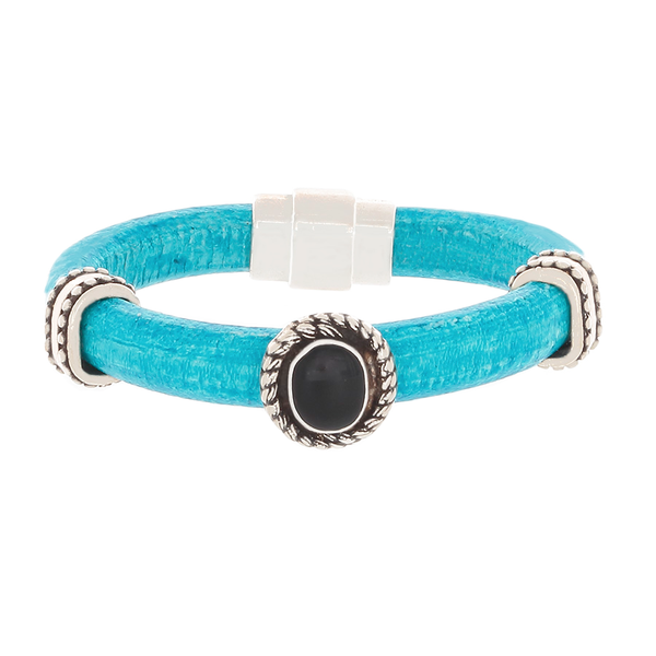 Turquoise Leather Bracelet with Silver and an Onyx slider - Finesse Jewelry