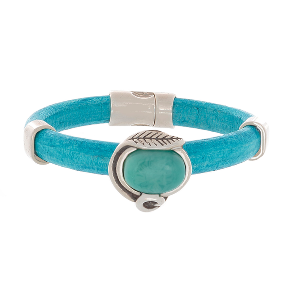 Turquoise Leather Bangle Bracelet with Turquoise agate slider & silver sliders - Finesse Jewelry