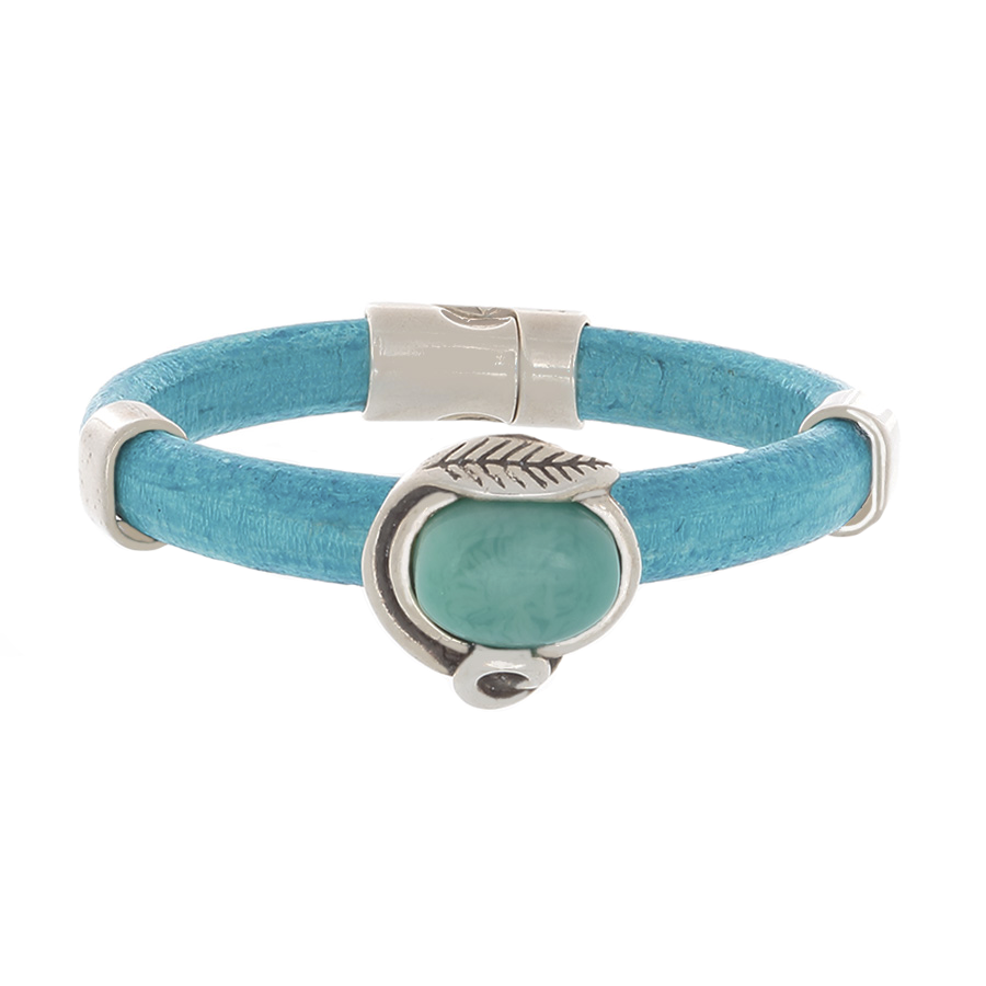 Turquoise Leather Bangle Bracelet with Turquoise agate slider & silver sliders - Finesse Jewelry